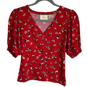 Maeve Anthropologie Womens 2 Red Floral V-Neck Puff Sleeve Crop Top Side Zip